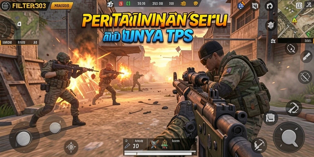 Screenshot utama FILTER303 menampilkan aksi intens dalam pertempuran TPS.