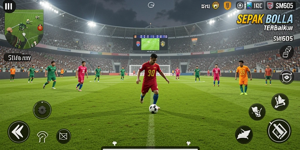 Gameplay seru SM605 dengan aksi sepak bola mendebarkan.